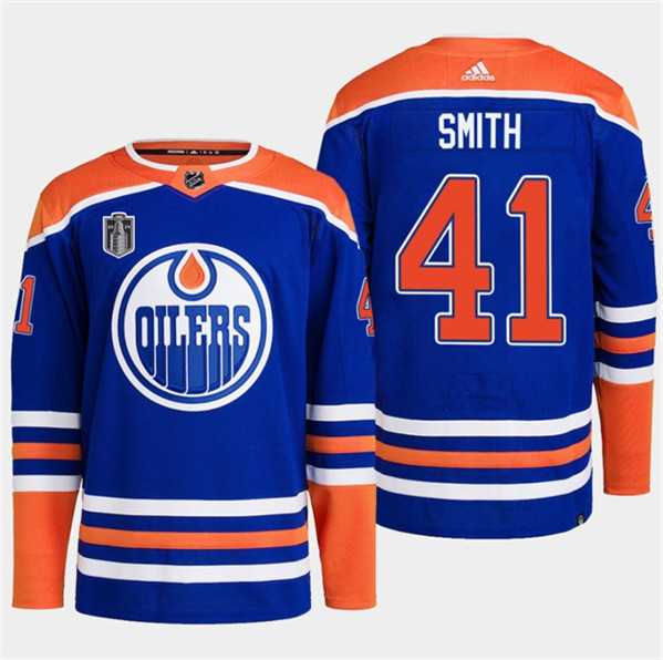 Men%27s Edmonton Oilers #41 Mike Smith Royal 2024 Stanley Cup Final Patch Stitched Jersey Dzhi